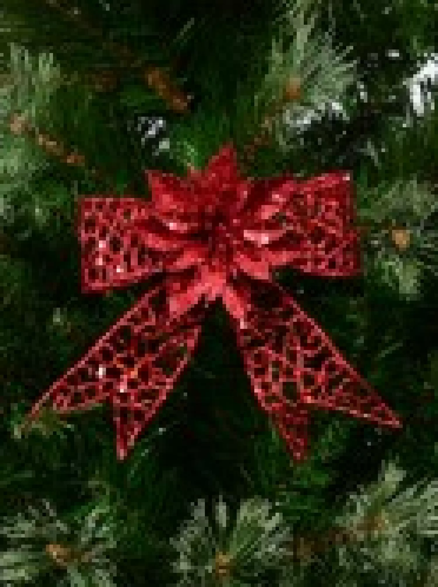 Christmas Warehouse Red Mesh Look Ribbon Bow & Poinsettia Christmas Decoration - 15Cm> Christmas Bows