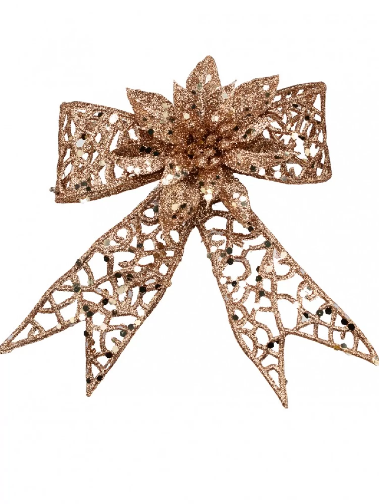 Christmas Warehouse Rose Gold Mesh Look Ribbon Bow & Poinsettia Christmas Decoration - 15Cm> Christmas Bows