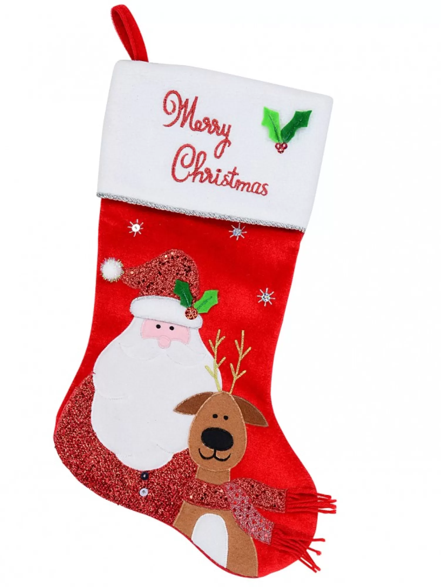 Christmas Warehouse Santa & Reindeer Applique With Font & Holly Velvet Christmas Stocking - 48Cm> Christmas Stockings