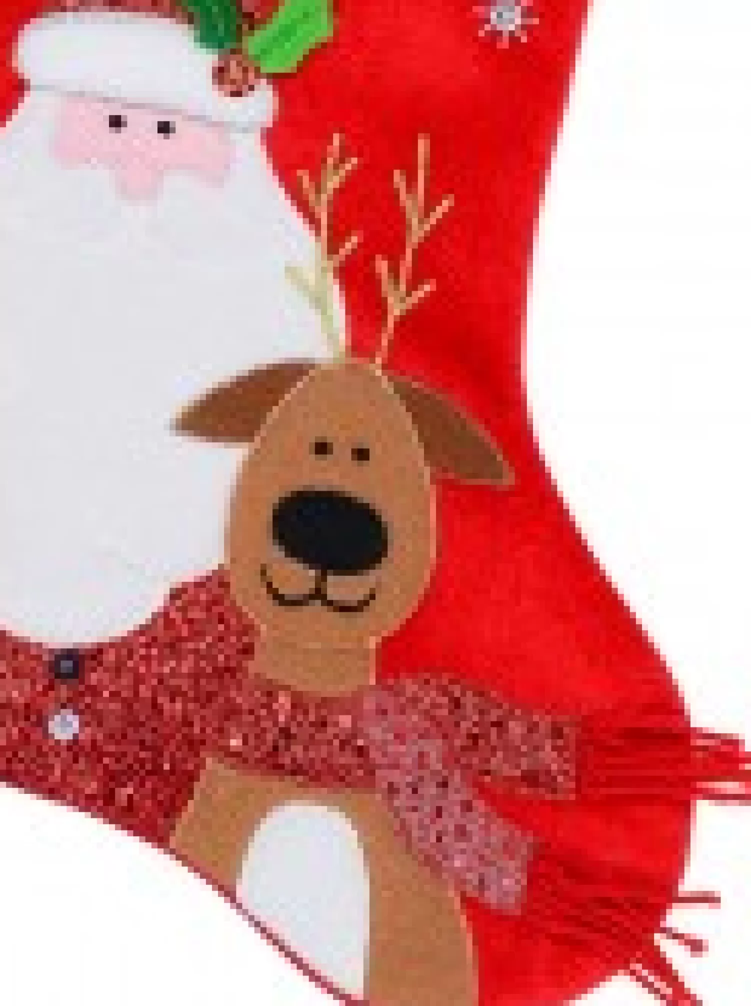 Christmas Warehouse Santa & Reindeer Applique With Font & Holly Velvet Christmas Stocking - 48Cm> Christmas Stockings