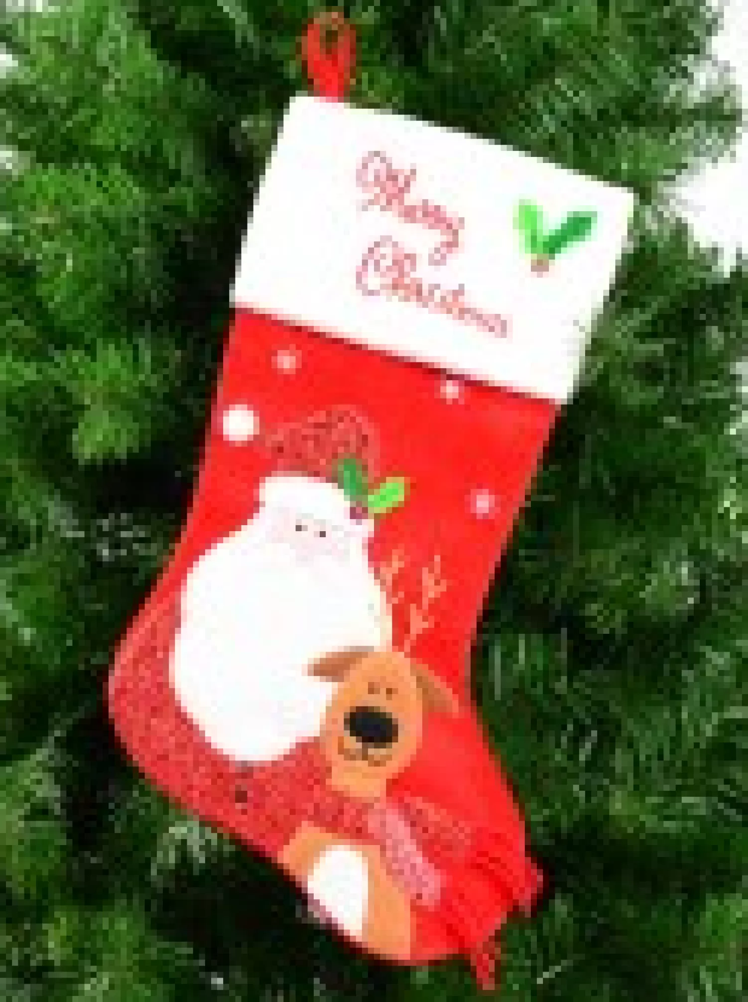 Christmas Warehouse Santa & Reindeer Applique With Font & Holly Velvet Christmas Stocking - 48Cm> Christmas Stockings