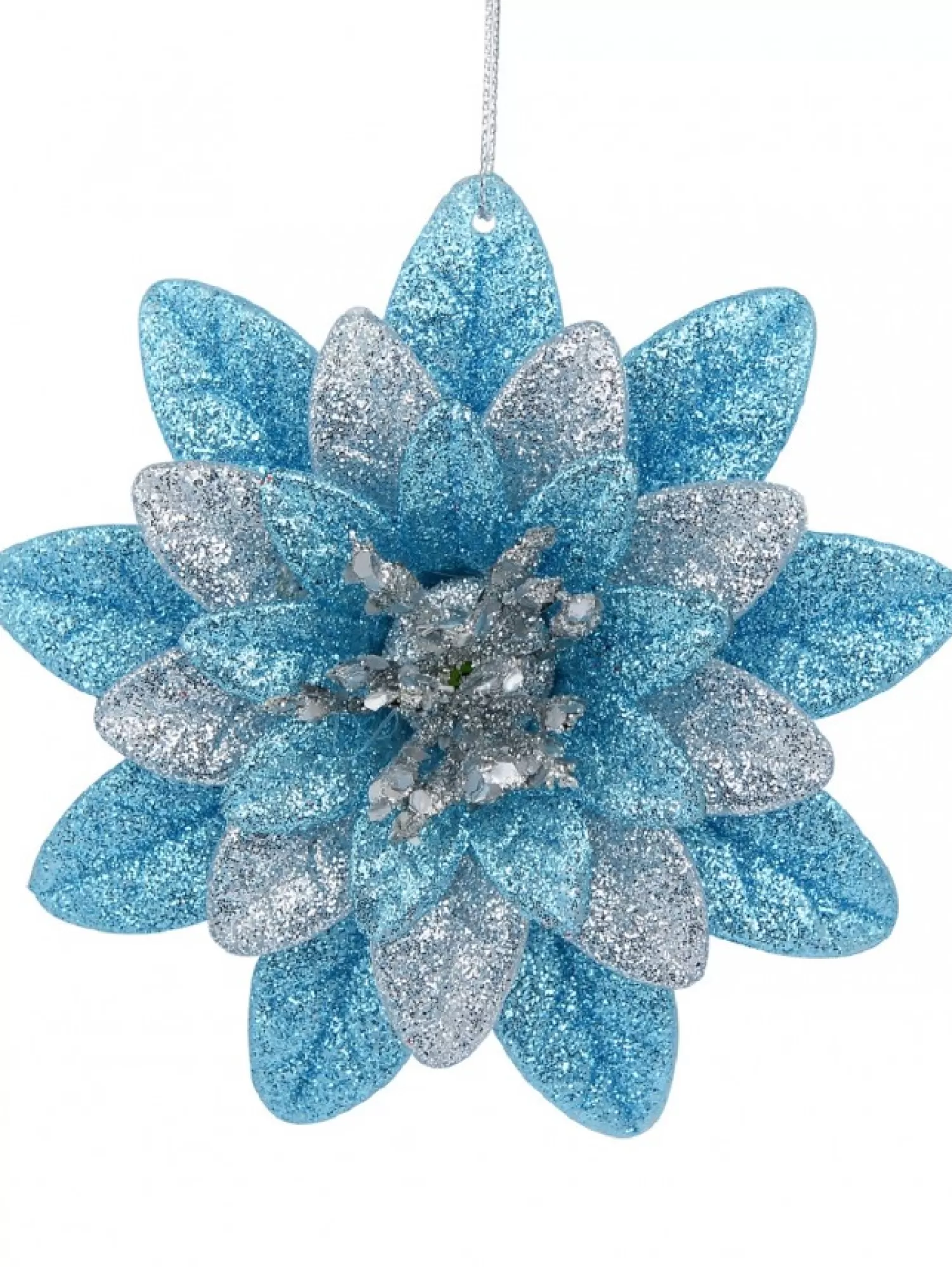 Christmas Warehouse Silver & Blue Glittered Lotus Flower Christmas Tree Hanging Decoration - 11Cm> Hanging Decorations - Individual