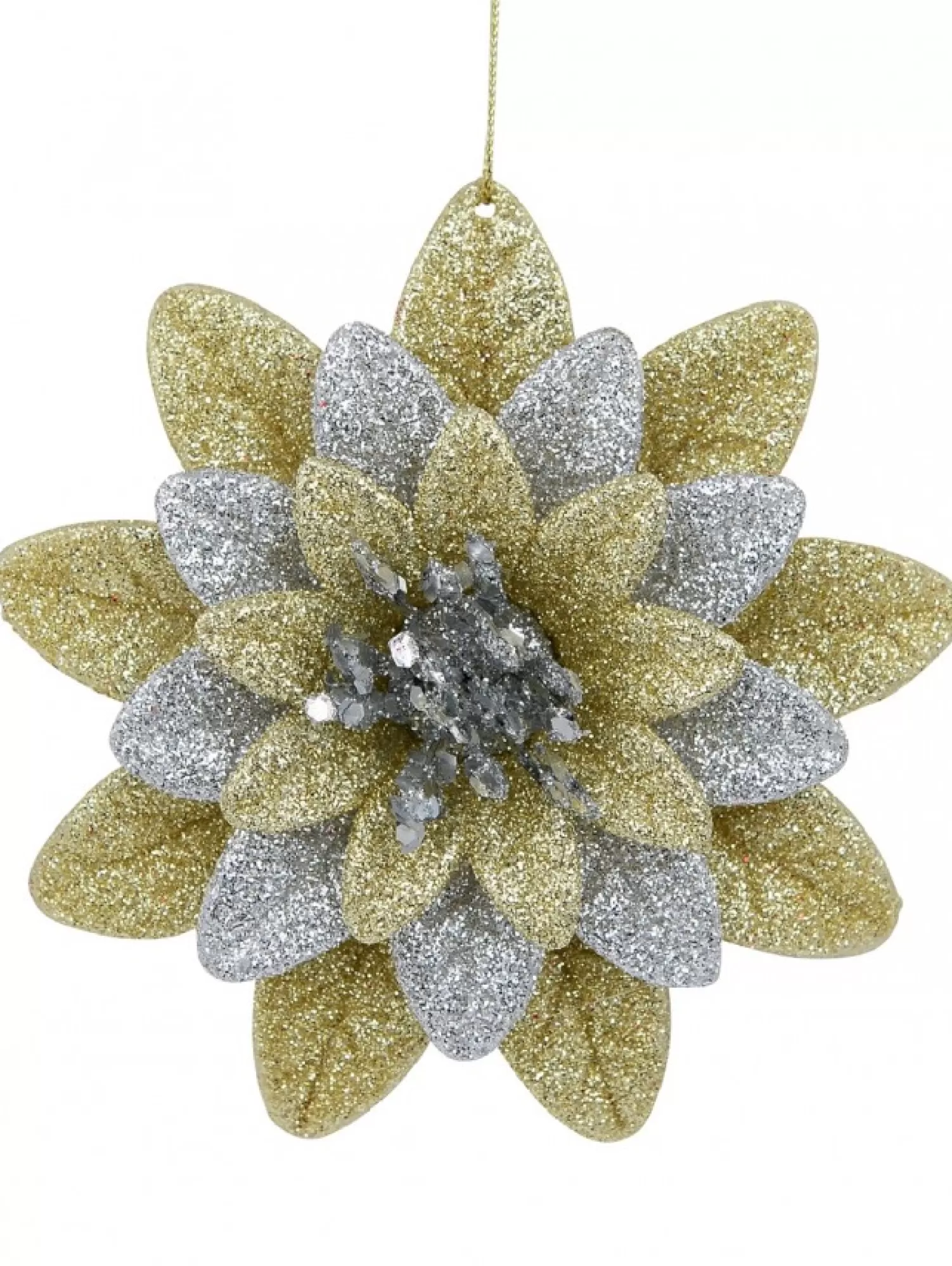 Christmas Warehouse Silver & Gold Glittered Lotus Flower Christmas Tree Hanging Decoration - 11Cm> Hanging Decorations - Individual
