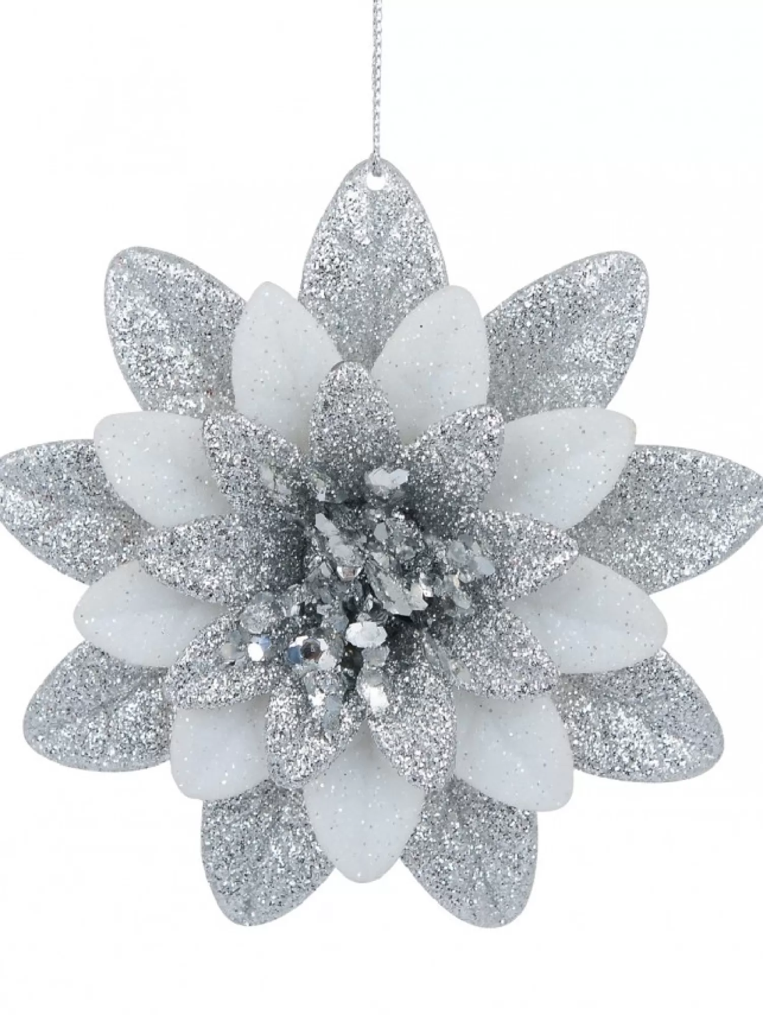 Christmas Warehouse Silver & White Glittered Lotus Flower Christmas Tree Hanging Decoration - 11Cm> Hanging Decorations - Individual