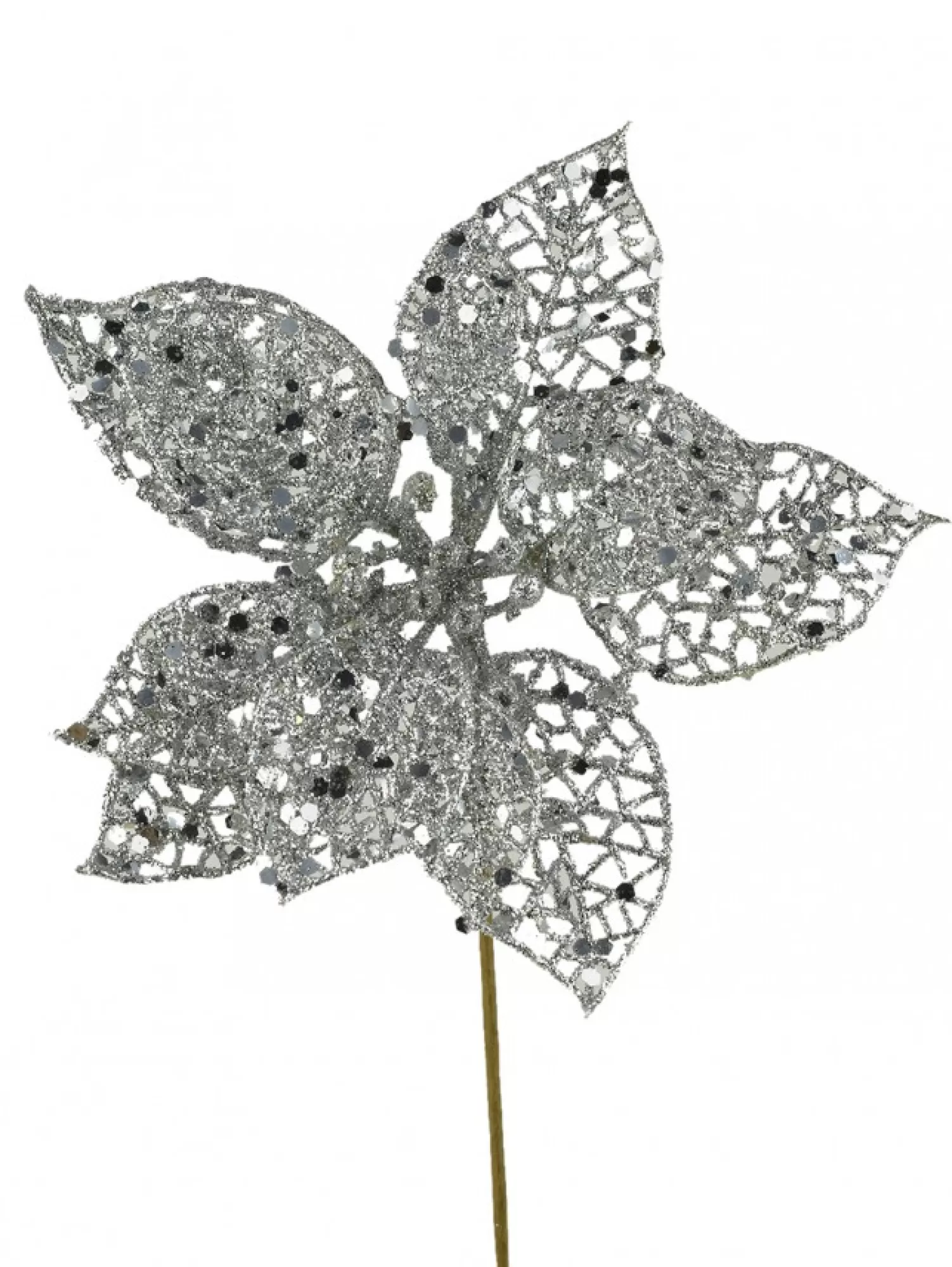 Christmas Warehouse Silver Filigree Poinsettia Decorative Christmas Flower Pick - 17Cm> Christmas Picks