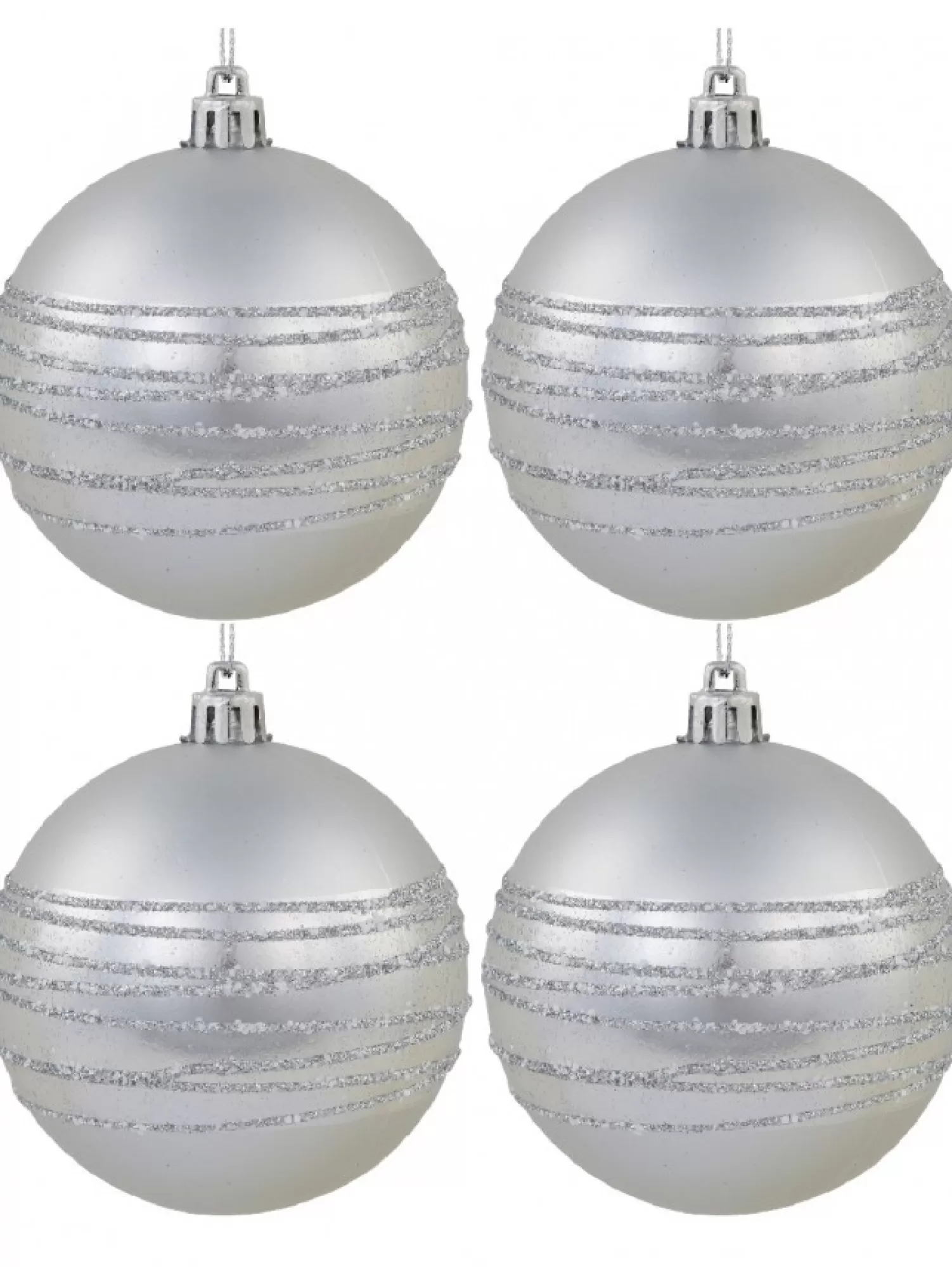 Christmas Warehouse Silver Matte Baubles With Thick Shiny & Thin Glittered Stripes - 4 X 80Mm> Bauble Packs