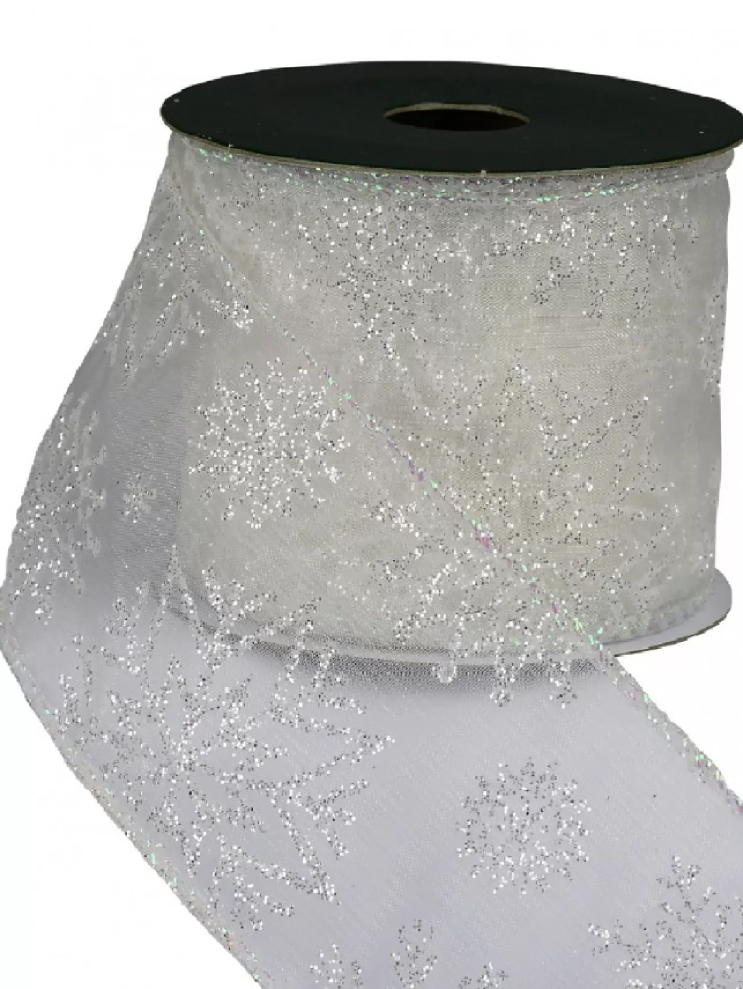 Christmas Warehouse Snowflake Pattern On Sheer White Christmas Ribbon With White Edging - 3M> Christmas Ribbon