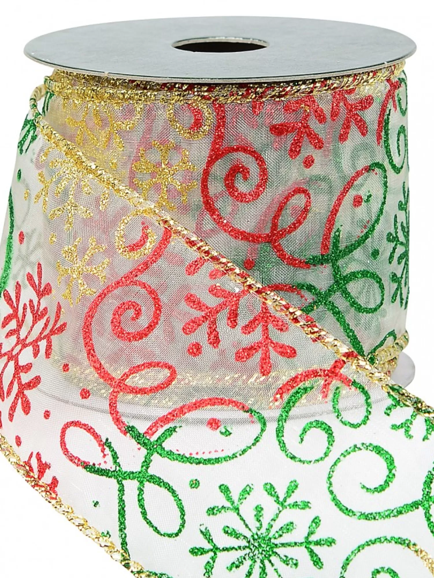 Christmas Warehouse Snowflakes & Swirl Patterns On Sheer Christmas Ribbon With Gold Edging - 3M> Christmas Ribbon