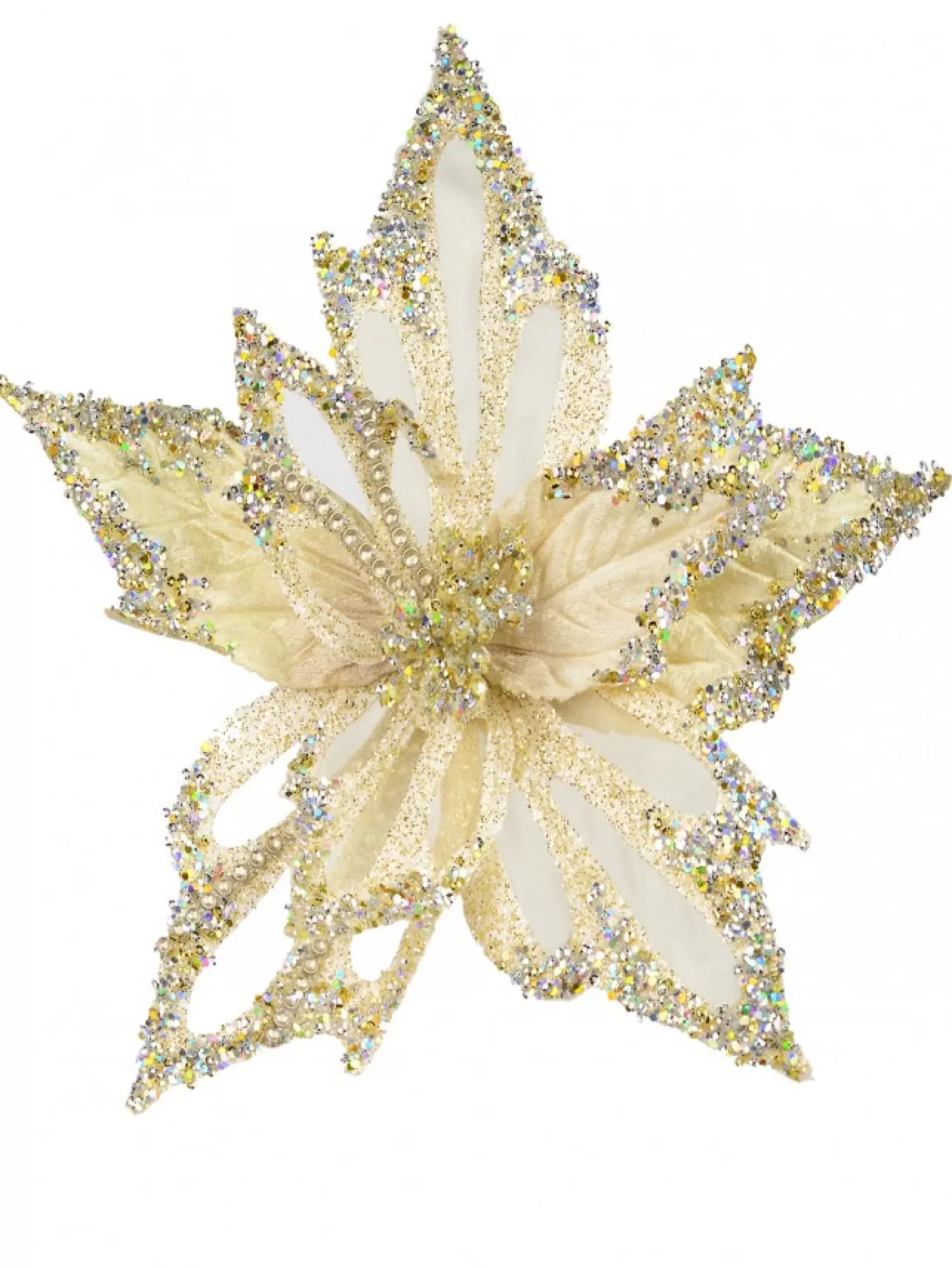 Christmas Warehouse Soft Gold Poinsettia With Diamantes Decorative Christmas Flower Pick - 23Cm> Christmas Picks