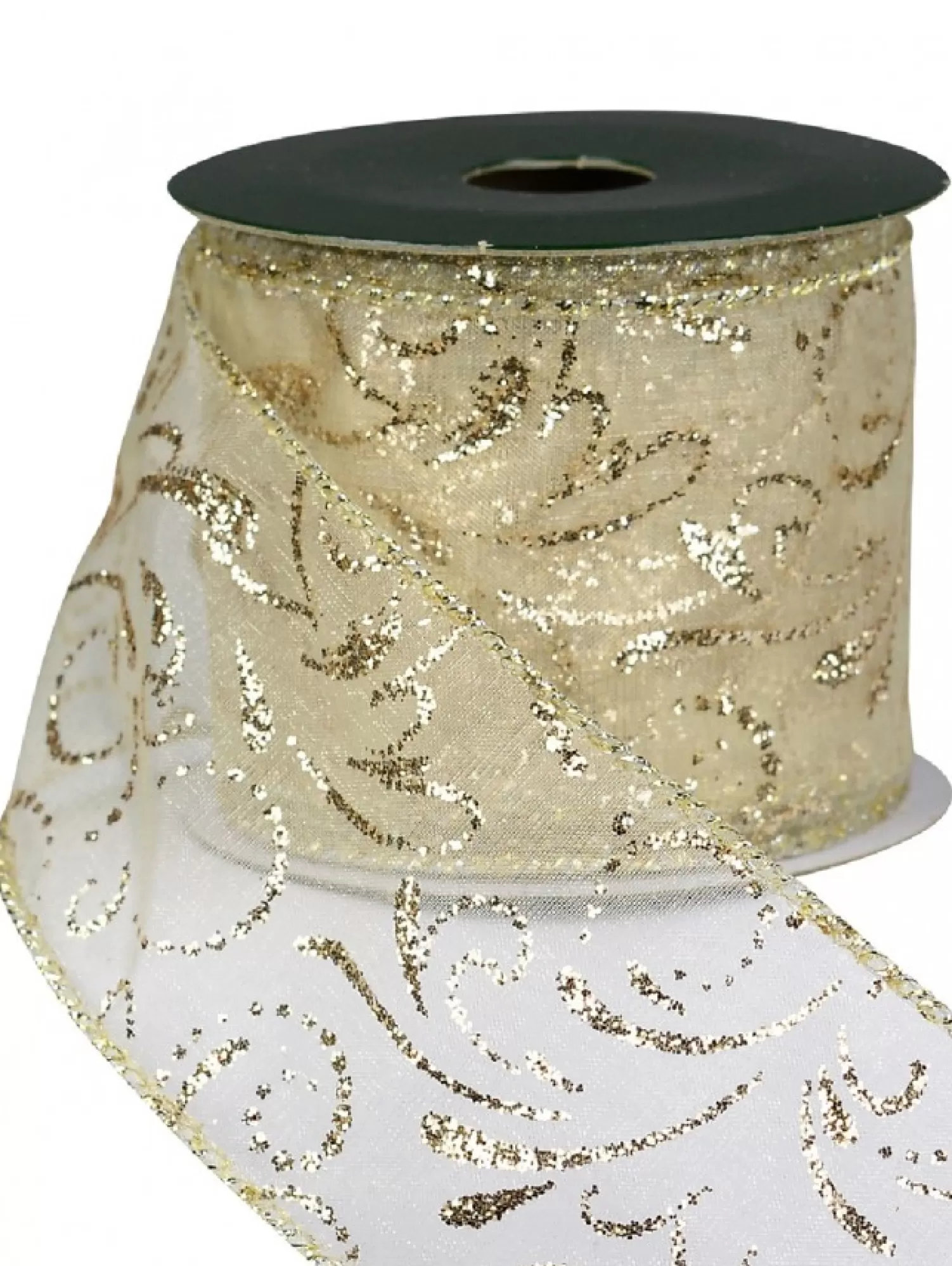 Christmas Warehouse Swirl Pattern Cream On Sheer Christmas Ribbon With Gold Glitter Edging - 3M> Christmas Ribbon