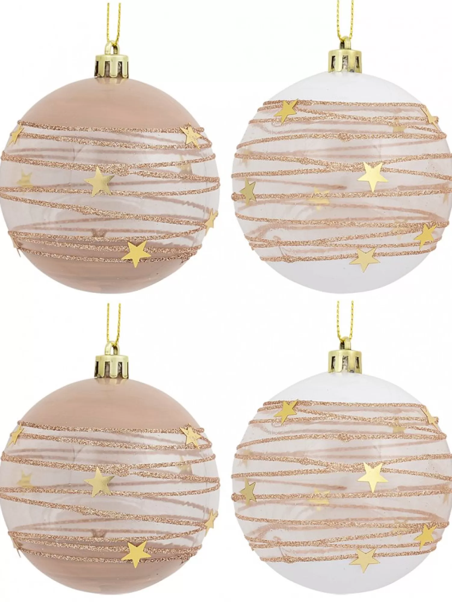 Christmas Warehouse Taupe, White & Clear Baubles With Gold Stars & Glitter Lines - 4 X 80Mm> Bauble Packs