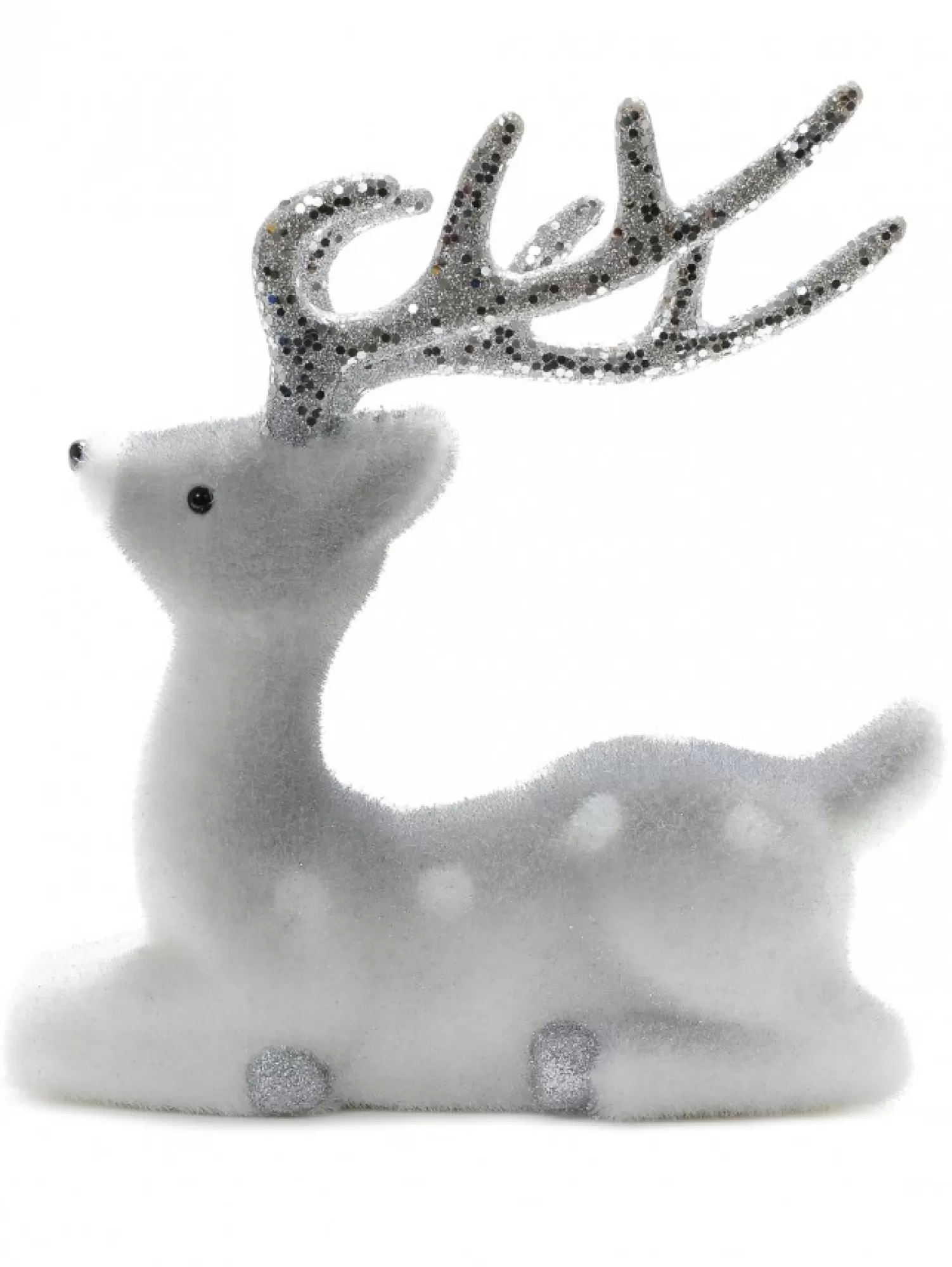 Christmas Warehouse White & Silver Glittered Flocked Sitting Christmas Reindeer Ornament - 24Cm> Reindeer