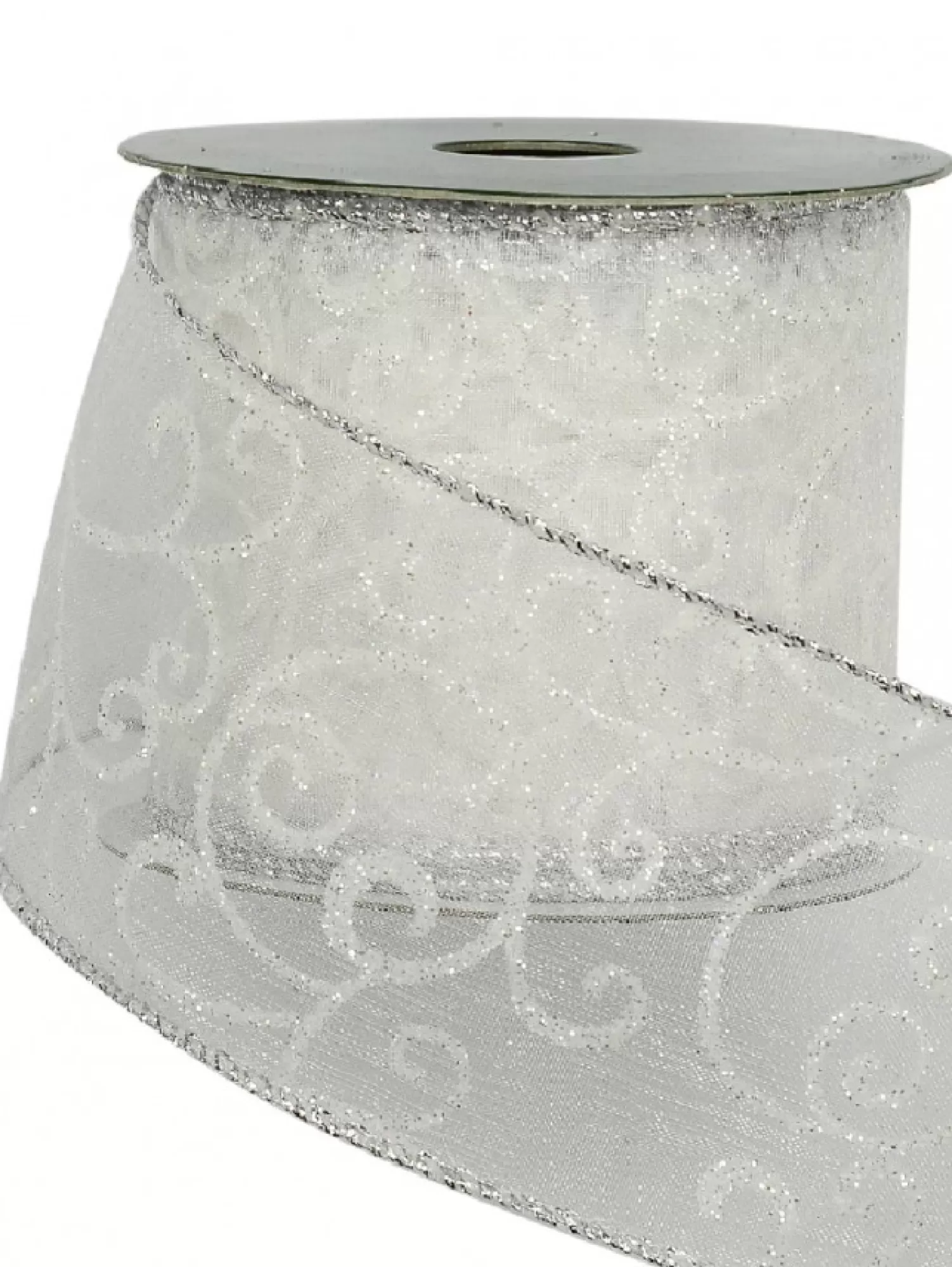 Christmas Warehouse White Filigree Pattern Organza Christmas Ribbon With Silver Edging - 3M> Christmas Ribbon