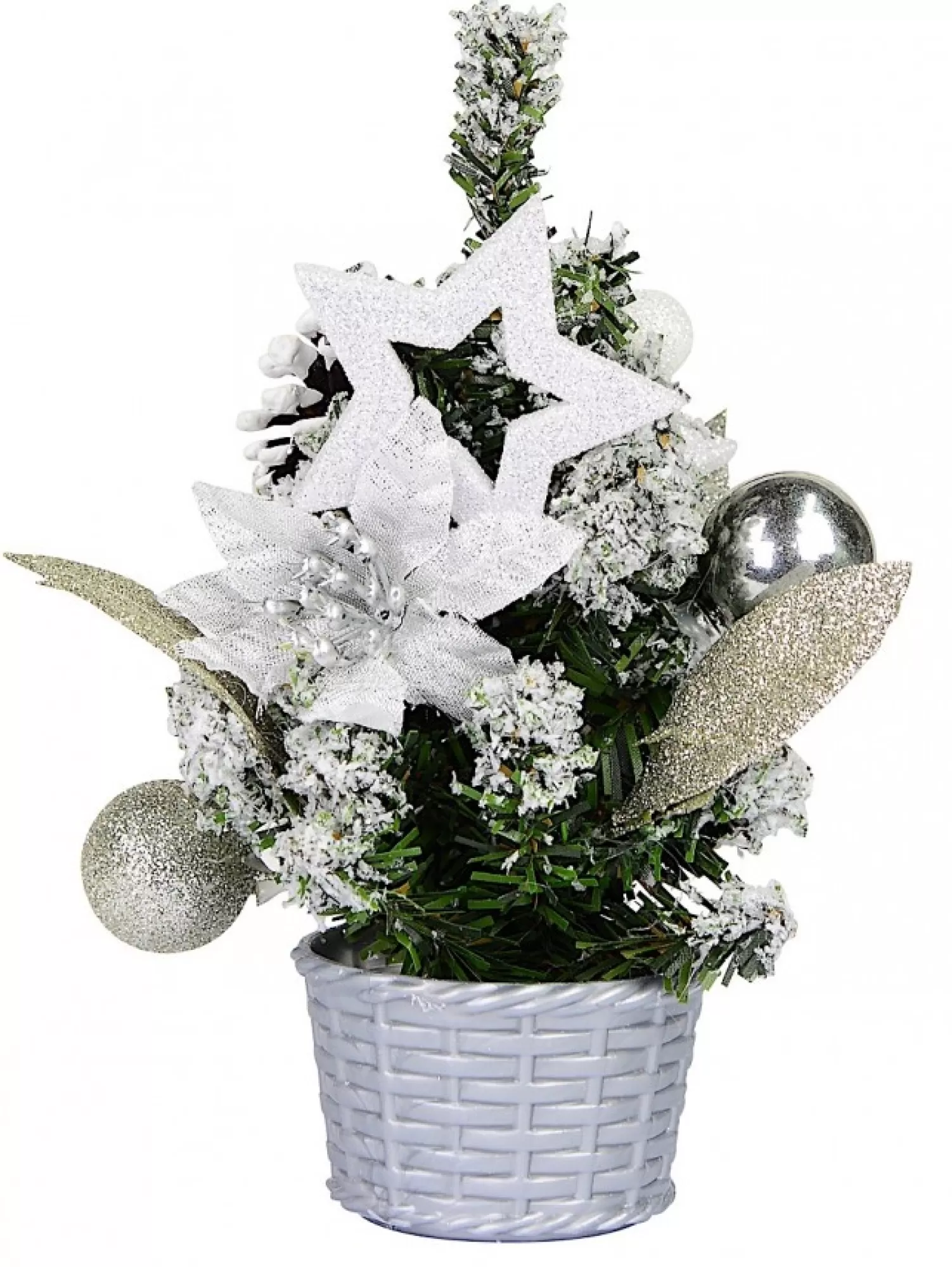Christmas Warehouse White Poinsettia & Silver Decorations Tabletop Christmas Tree Ornament - 18Cm> Table Top Christmas Trees