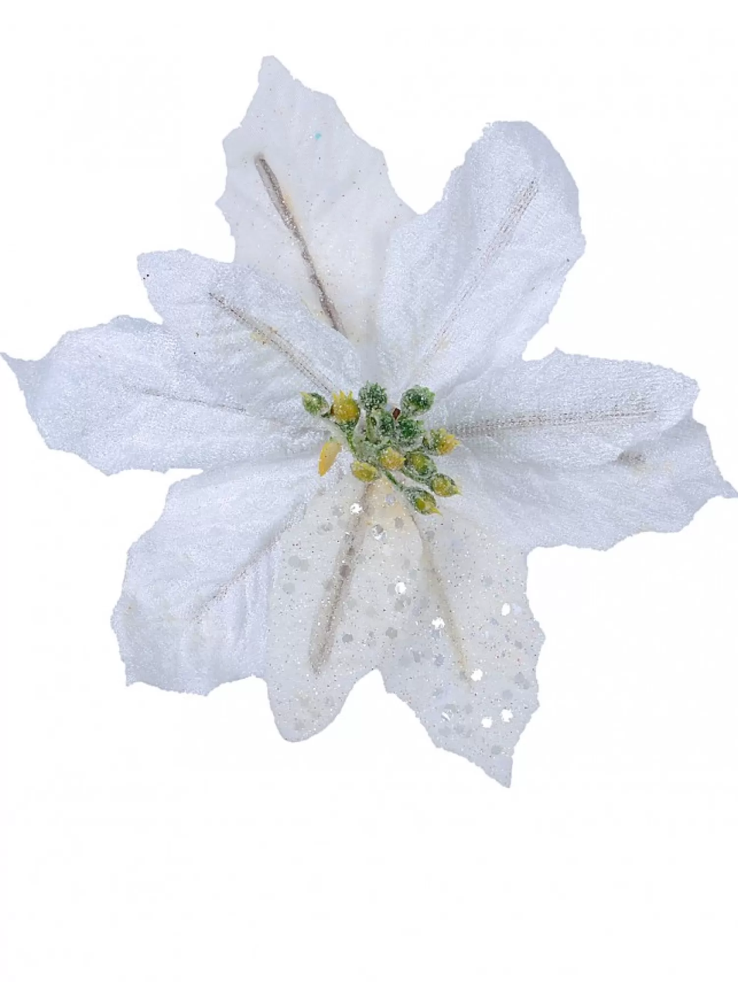 Christmas Warehouse White Sequin & Fabric Petal Poinsettia Decorative Christmas Flower Pick - 14Cm> Christmas Picks