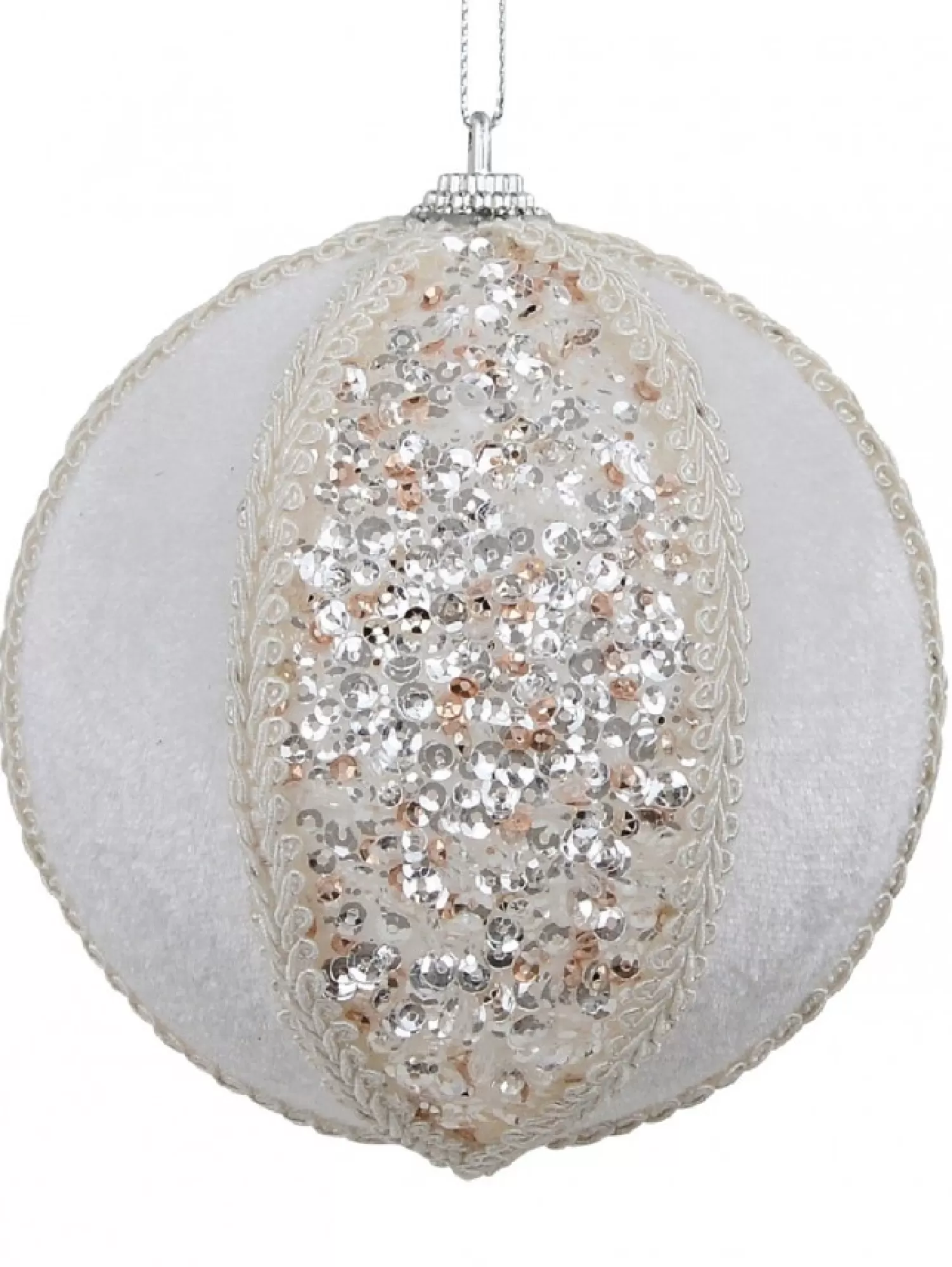 Christmas Warehouse White Sequin & Velvet Bauble Christmas Tree Hanging Decoration - 11Cm> Hanging Decorations - Individual