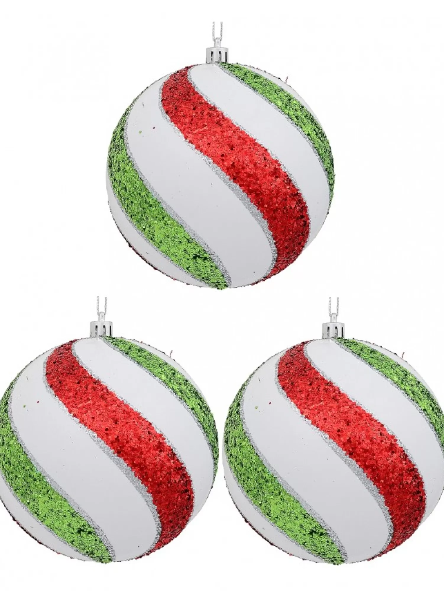 Christmas Warehouse White With Red, Green & Silver Glitter Swirl Pattern Large Baubles - 3 X 12Cm> Bauble Packs