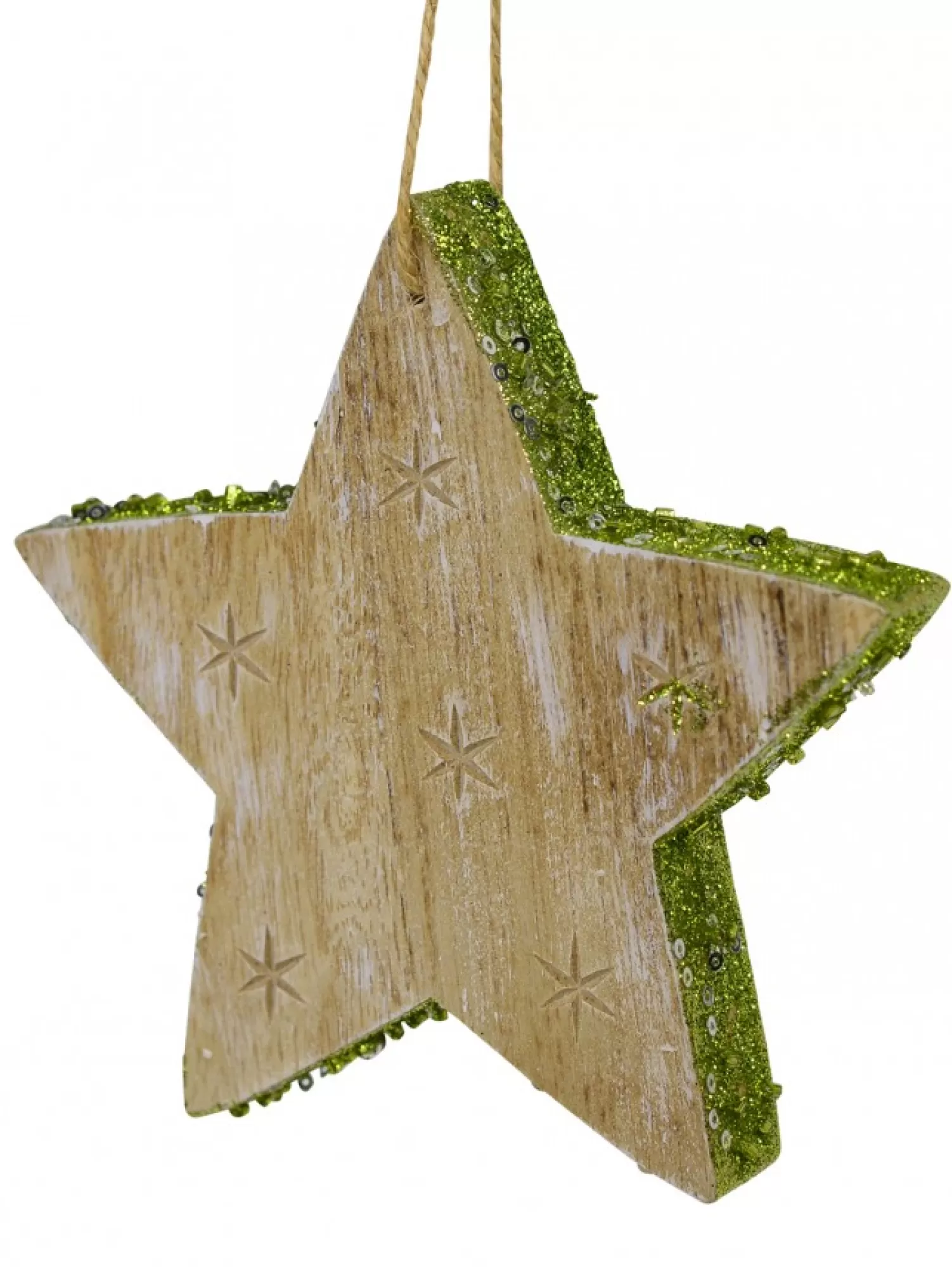 Christmas Warehouse Wood Star With Green Glitter Trim Christmas Tree Hanging Decoration - 12Cm> Hanging Decorations - Individual